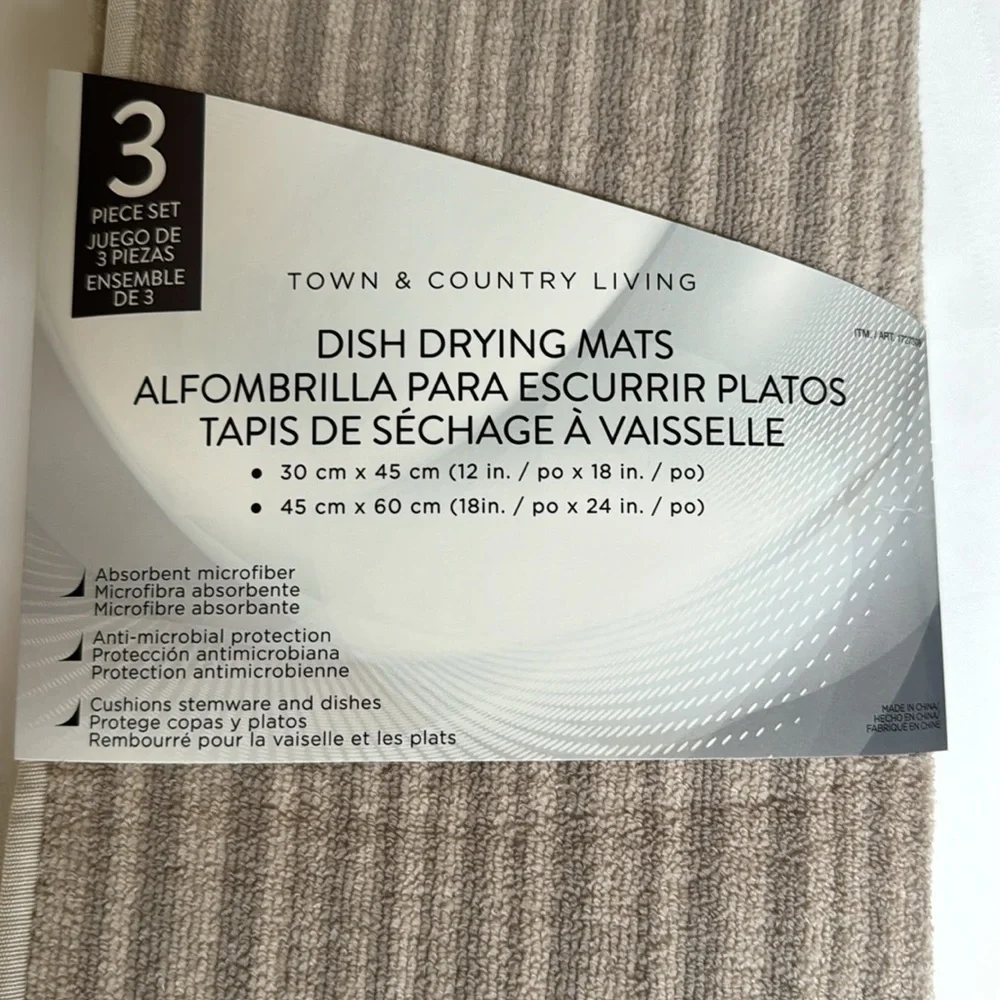 Town & Country Living Dish Drying Mat Set 3-Pack Beige Absorbent NWT